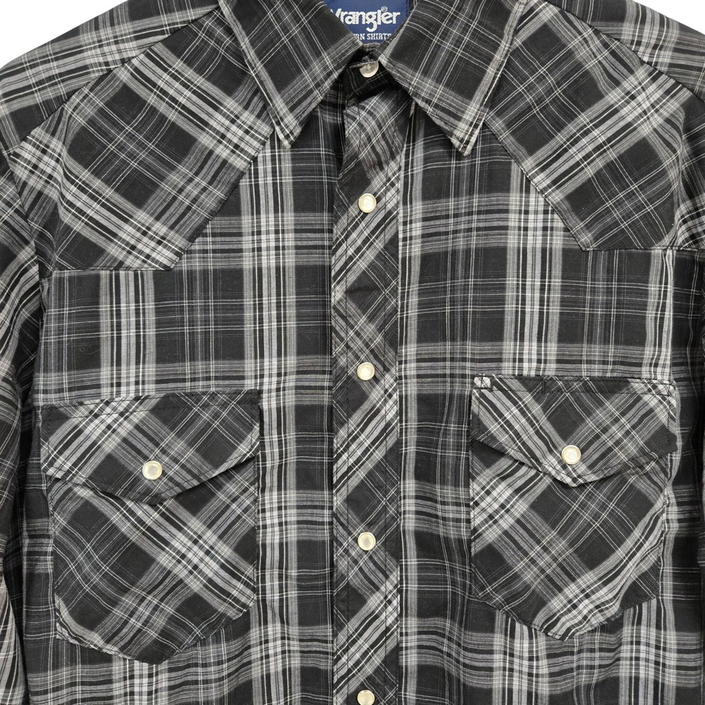 Wrangler Mens Western Plaid Pearl Snap Long Sleeve Shirt Black Grey Medium - Picture 3 of 13